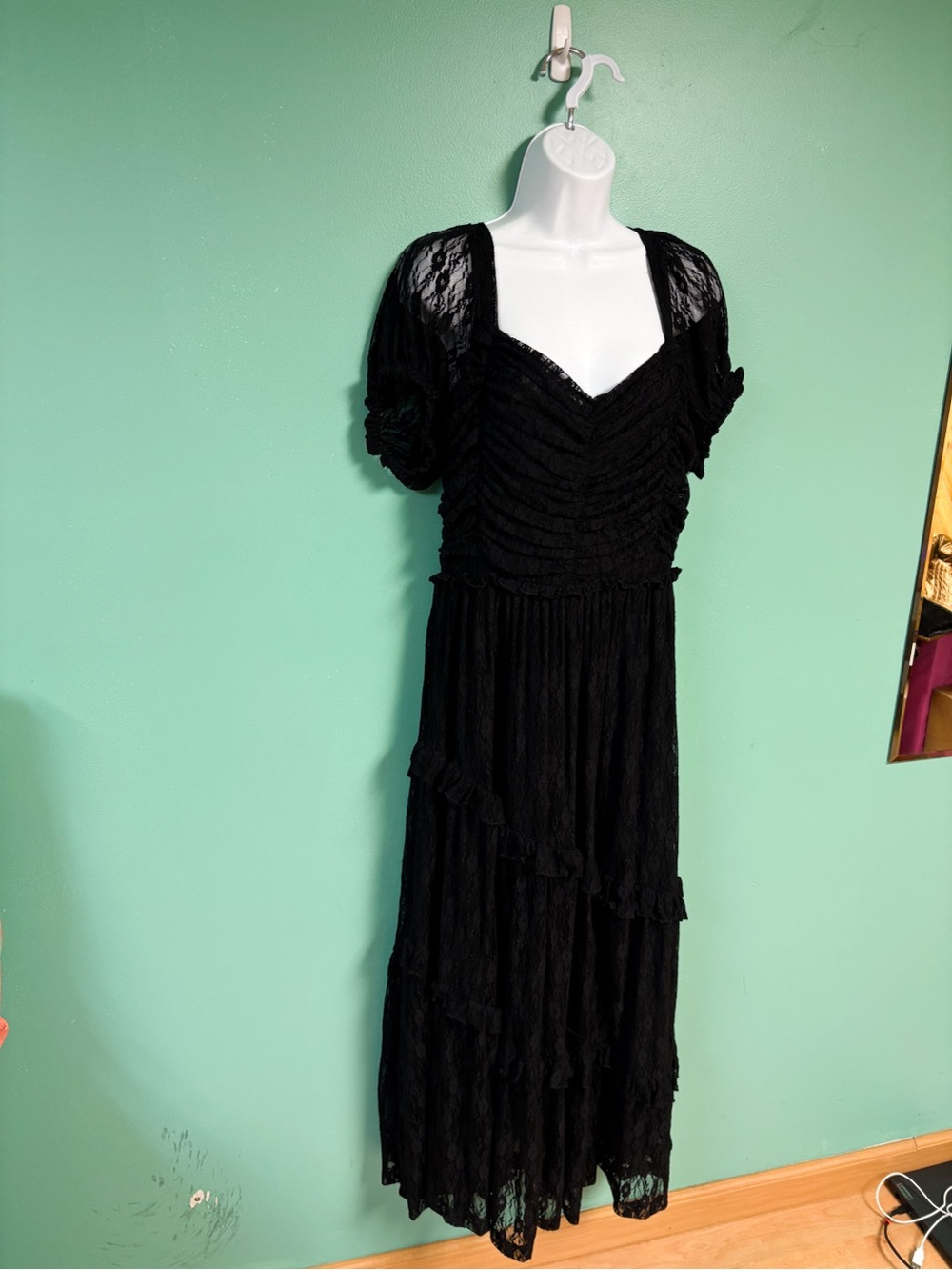 NWT AE American Eagle Mixed Knit Lace Bodice Midi Romper Dress Black Size L NEW - Picture 5 of 12
